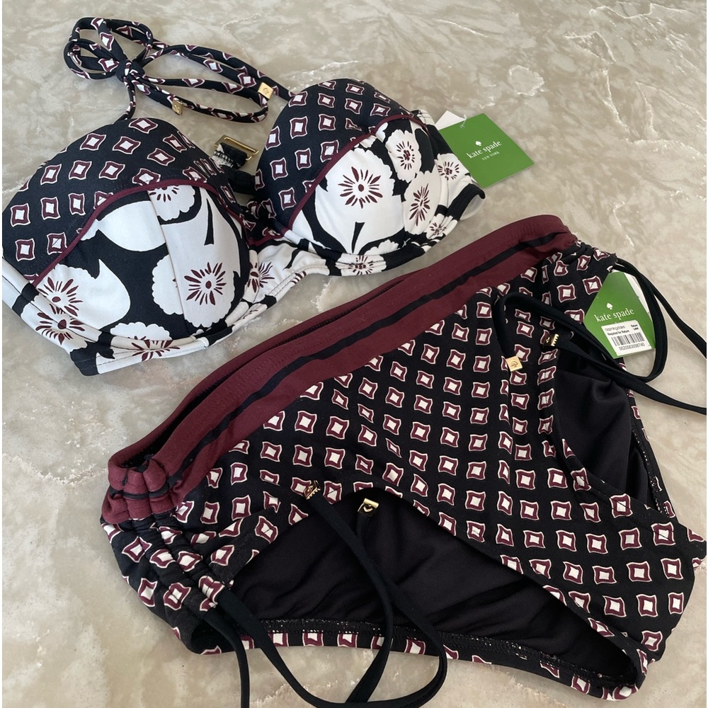 Kate Spade bikini NWT maroon plum wine black white padded bandeau two piece S/XS